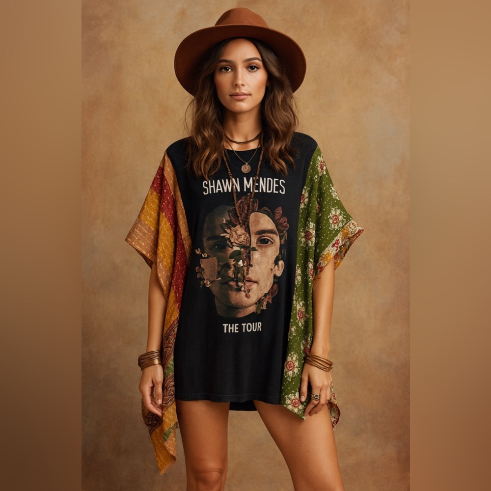 UPCYCLED Shawn Mendes T w/ kantha sleeves, poncho by Susie.
